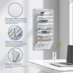 EasyPAG Wall File Organizer for Office 10 Pocket Mesh Wall Mounted Paper Organizer Hanging Folder Holder with Nametag Label for Home School, Silver