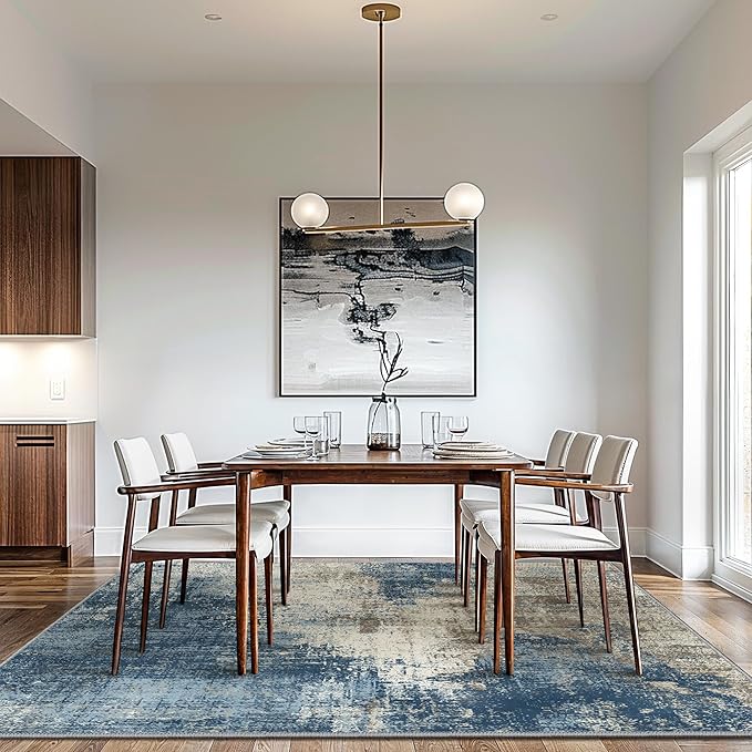 GENIMO Washable Area Rugs for Living Room, 10x12 Modern Non Slip Rugs, Low Pile Lightweight Soft Print Rug for Bedroom, Dining Room, Home Office, Washed Slate Blue