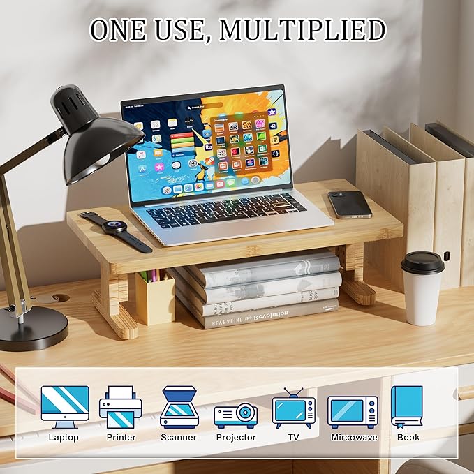 Qecamy Bamboo Monitor Stand Riser for Desk, Height Adjustable Computer Riser & Laptop Stand, Ergonomic Desktop Organizer Shelf W/ Underneath Storage, Sturdy 100 lbs Capacity for Printer/TV/Home Office