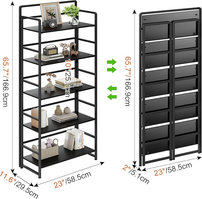 THKKY No Assembly Folding Bookshelf, 5 Tiers Collapsible Book Shelf for Home Office, Vintage Wood Foldable Bookcase Storage Organizer for Living Room Bedroom (Black)