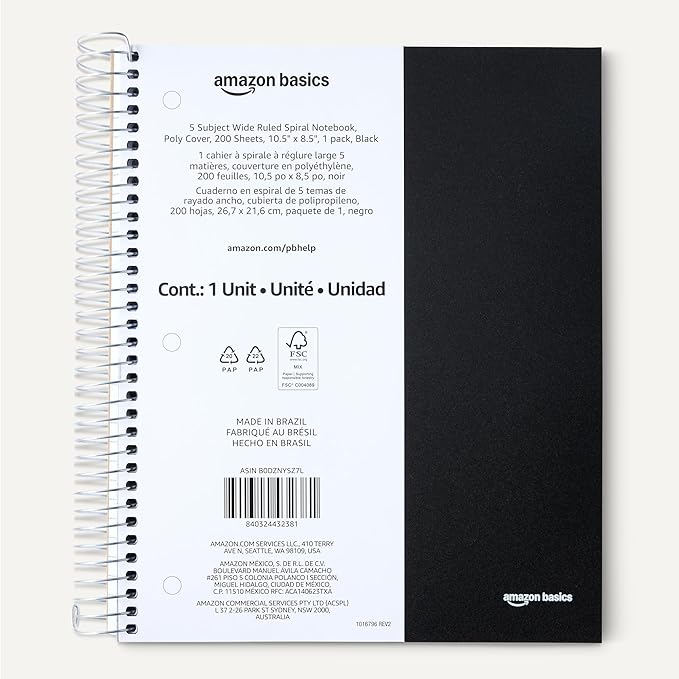 Amazon Basics Notebooks, Wide Ruled Spiral 5 Subject Notebook, For Work and School, 200 Sheets, 8.5 x 10.5 inches, Black, 1-Pack