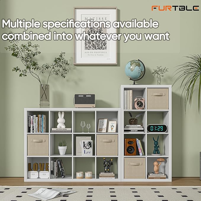 furtble Bookshelf with Storage Bin, 4-Cube Storage Organizer, Modern Wood Open Bookcase, Multifunctional Display Shelf for Living Room, Bedroom, Home Office, White