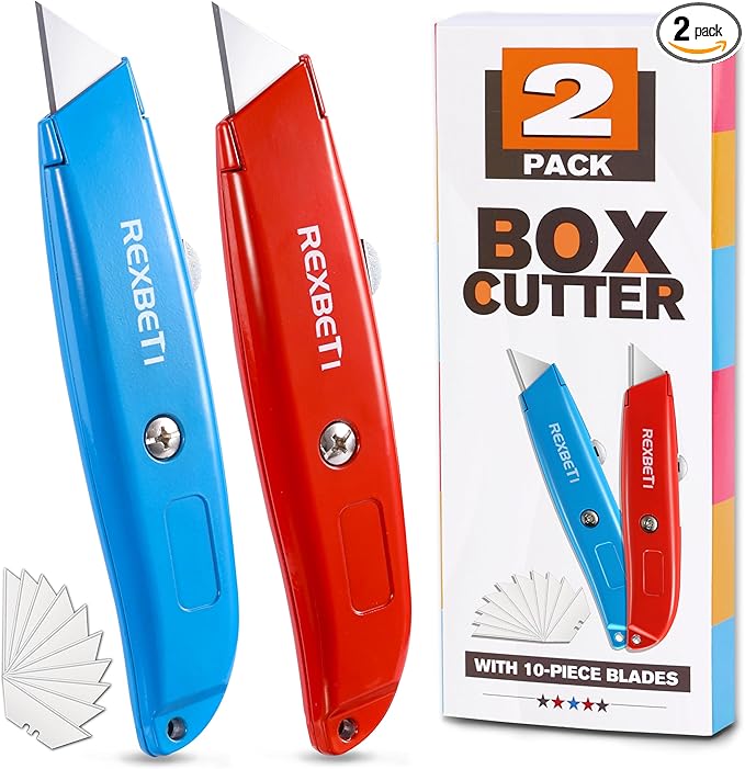 REXBETI 2 Pack Utility Knife with Extra Blades, 2 Color Retractable Blade Heavy Duty Box Cutter for Cartons，Cardboard and Boxes，Extra 10 Blades Included