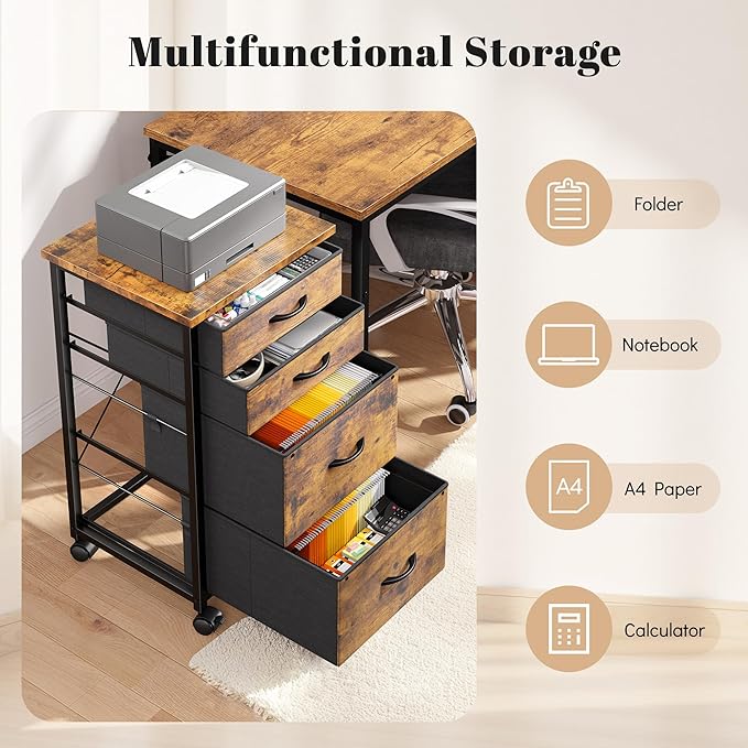 4 Drawers Mobile File Cabinet Vertical Filing Cabinet with Fabric Drawer Fits A4/Letter Size Printer Stand for Home Office，Rustic Brown