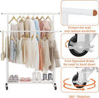 Calmootey Double Rod Clothing Garment Rack,Rolling Hanging Clothes Rack,Portable Clothes Organizer for Bedroom,Living Room,Clothing Store,White