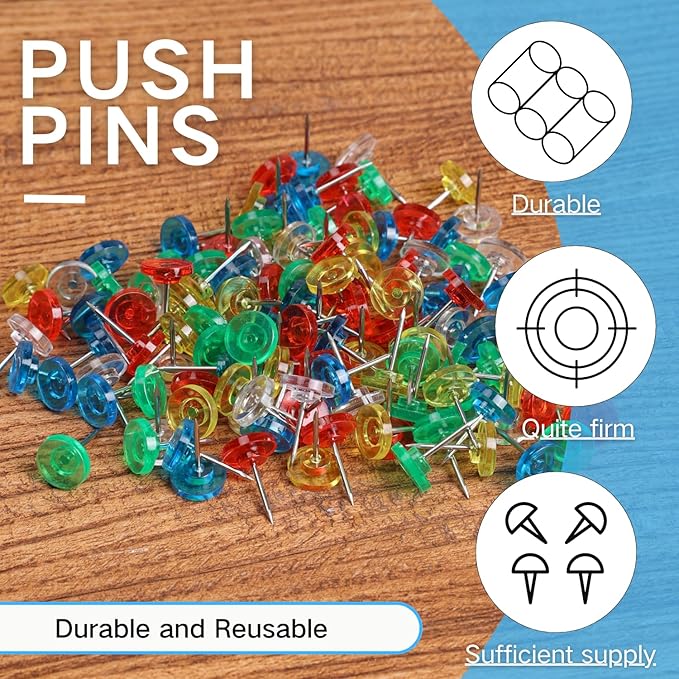 150 PCS Colored Push Pins for Wall Thumb Tacks for Walls Flat thumbtacks Push pin for Bulletin Board Shadow Box Display Thumbtack for Cork Board (Clear Colored)