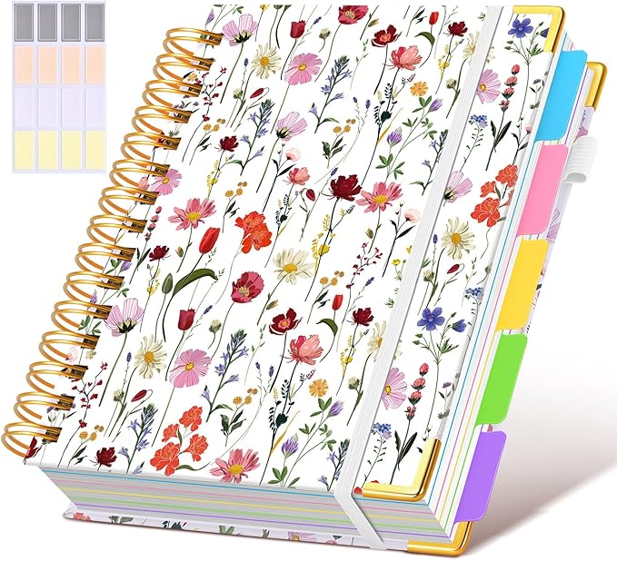 Hardcover Spiral Notebook journal with Removable Dividers Tabs, 300 Pages Leather 5 Subject Notebook College Ruled, 100GMS Notebooks for Work School Note taking,Lined Journal for Women,A5-Flower white