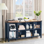 Joaxswe 8 Cube Book Shelf, Farmhouse Wood Long Storage Organizer Bookcase, 62" Horizontal Navy Blue Console Closet Bookshelf, Hallway TV Stand for Entryway, Display Cabinet Book Case for Living Room