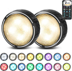 Battery Operated Puck Lights with Remote LED Under Cabinet Lighting Wireless Stick on Lights Color Changing Timer Tap Lights for Cabinets Shelves Closets Display Case - 2Pack Black