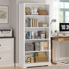 TVU 5-Tier Wooden Book shelf, 65"H × 31.5"W × 9.9“D Bookshelf with Storage, Floor-Standing Display Bookcase, Farmhouse Style Bookshelf with Arched Base, Suitable for Living Room, Study, Office, White