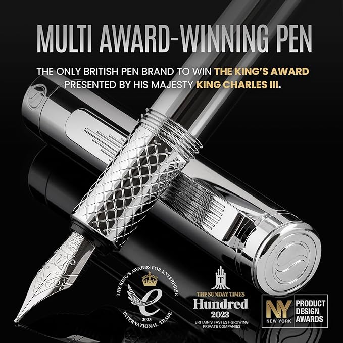 Scriveiner Silver Chrome Fountain Pen (Medium), Award Winning Luxury Pen, Heavy Pocket Pen, Chrome Finish, Schmidt Nib, Converter, Best EDC Writing Pen Gift Set for Men & Women, Nice Office Fancy Pen