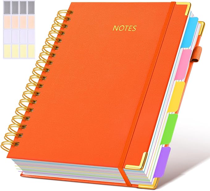 Hardcover Spiral Notebook Journal with Removable Dividers Tabs, 300 Pages Leather 5 Subject Notebook College Ruled, 8"x10" Large B5 Notebooks for Work School Note taking, Lined Journal for Women, Orange