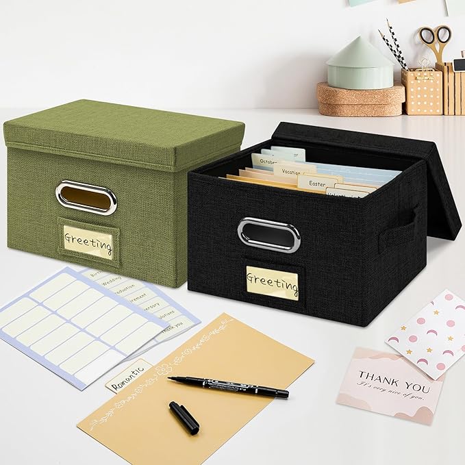 Remowith Greeting Card Organizer and Storage Box with 20 Pcs Adjustable Dividers, Storing Cards with 84 Pcs Labels Perfect for Storing Greeting Cards, Envelopes, Photos 1 Pack Black