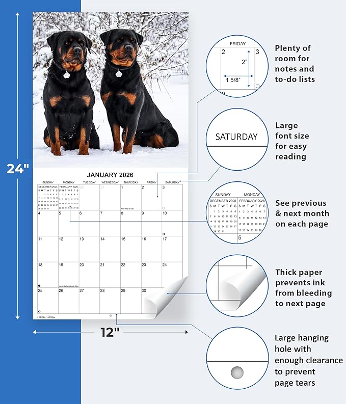 2026 Rottweilers Monthly Wall Calendar | Dogs Calendar September 2025 - December 2026