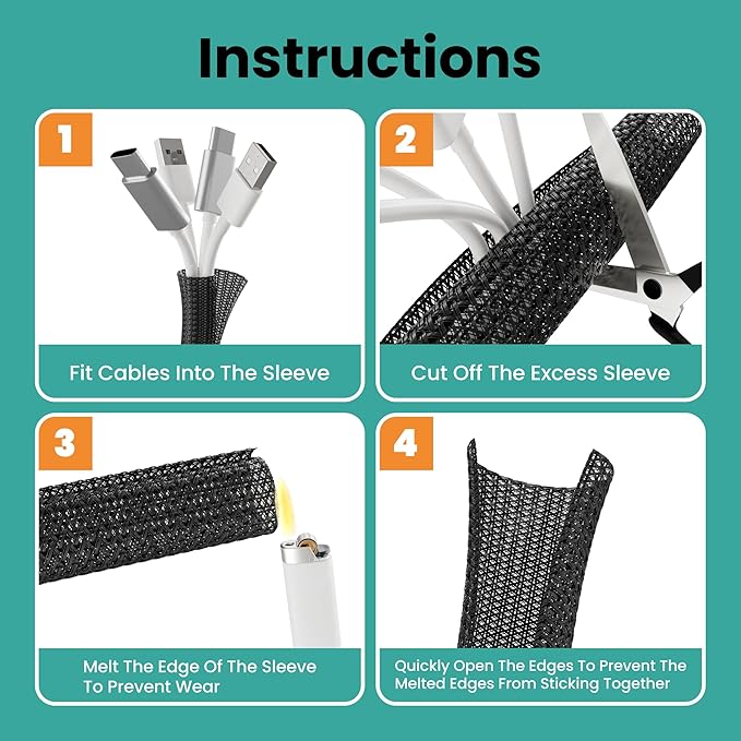 Cable Management Sleeve 25ft (300 inch) - 1/2 inch, PET Expandable Braided Cord Organizer, Split Wire Loom Tubing Reversible Cord Protector for TV USB PC Ethernet Cable Hider Protect Pets Kids