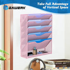 Gawerk 6 Tier Hanging File Organizer, Mesh Wall File Holder Paper Folder Rack with Bottom Flat Tray for Office Home, Pink