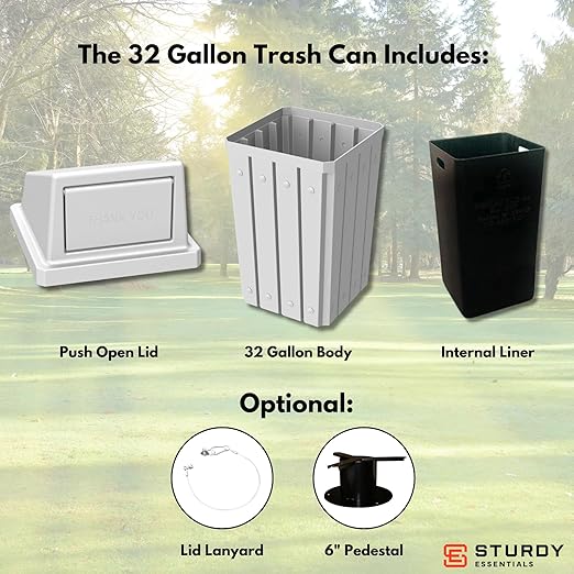 Sturdy Essentials Campus Collection 32 Gallon Square Slatted 100% Recycled Plastic Heavy-Duty Commercial Outdoor or Indoor Trash Can with Push Top Lid | Great for Schools and Businesses - White