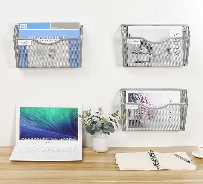 EasyPAG 6 Pack Wall File Organizer with Label Panel, Mesh Hanging File Folder Organizer for Letter/A4 Size Folders, Wall Mounted Vertical Mail Holder for Paperwork, Office, Home, School, Silver