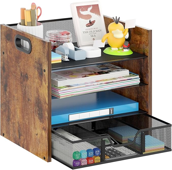 Boershun Wood Desk Organizer - 4-Tier Desktop File Organizer with Drawer, Wooden Paper Tray, Office Desk Organizer for Papers, Mail, Notebooks, Stationery