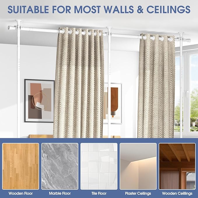 AKTOP Room Divider, No Drilling Curtain Tension Rods Wall Divider for Room Separation, 4-10ft(H) 30-147"(W) Adjustable, Heavy Duty Floor to Ceiling Space Separator Privacy Dividers for Rooms, White