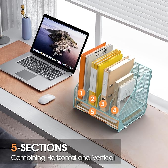 OrgMate Desk File Folder Holder Organizer-4 Vertical Compartments Racks and Paper Letter Tray,Mesh Magazine File Holder Sorter,Desktop Accessories & Workspace Organizers for Home,Office,School-Blue