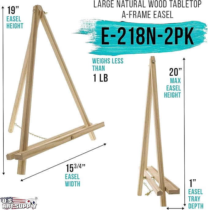 U.S. Art Supply 20" Natural Wood Tabletop Easel (2 Pack) - Adjustable A-Frame Canvas Stand for Painting Party & Signs - Table Top Easel for Painting, Canvas Holder, Crafts, Photos, Pictures