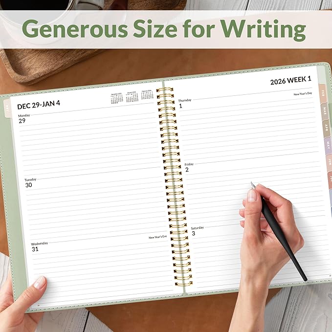 SUNEE 2026 Planner, Weekly and Monthly Calendar Planner 9"x11.2"- 12 Month (January 2026 - December 2026), Vegan Leather Cover, Pocket, Bookmark, Notes, Monthly Tab, Sage Green