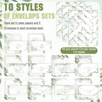 TaoBary 160 Pcs Stationery Paper Set 50 Double Sided Stationery Papers with 50 Matching Envelopes and 60 Round Dot Sticker, 10 Design(Green Leaves,8.5 x 11 Inch)