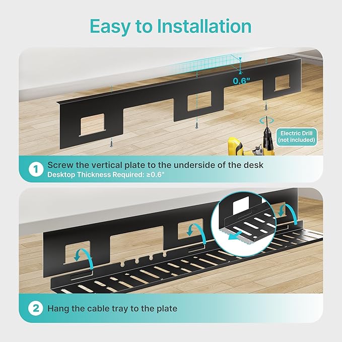 PEGZONE Under Desk Cable Management Tray, 31.5 Inches Metal Cord Organizer Rack, Desk Tray for Power Strip, Cord, Wire, Easy Mounting Cable Management Under Table for Home Office, Black