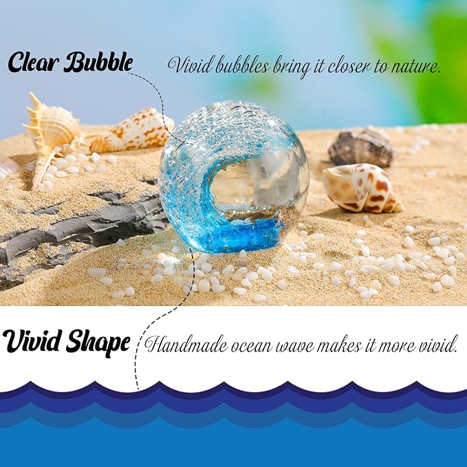 Glass Ocean Waves Ball Paperweight, Hand Blown with Blue, Gold & White Bubble Decoration for Home and Office