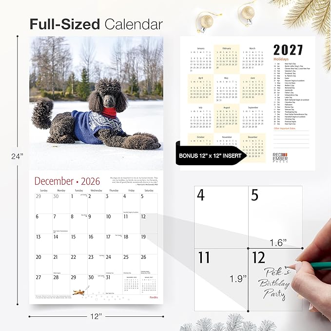 RED EMBER Poodles 2026 Wall Calendar 12 Month | 12" x 24" Open | Thick & Sturdy Paper | Holiday Gift | Cute Puppy Dog Calendar 2026