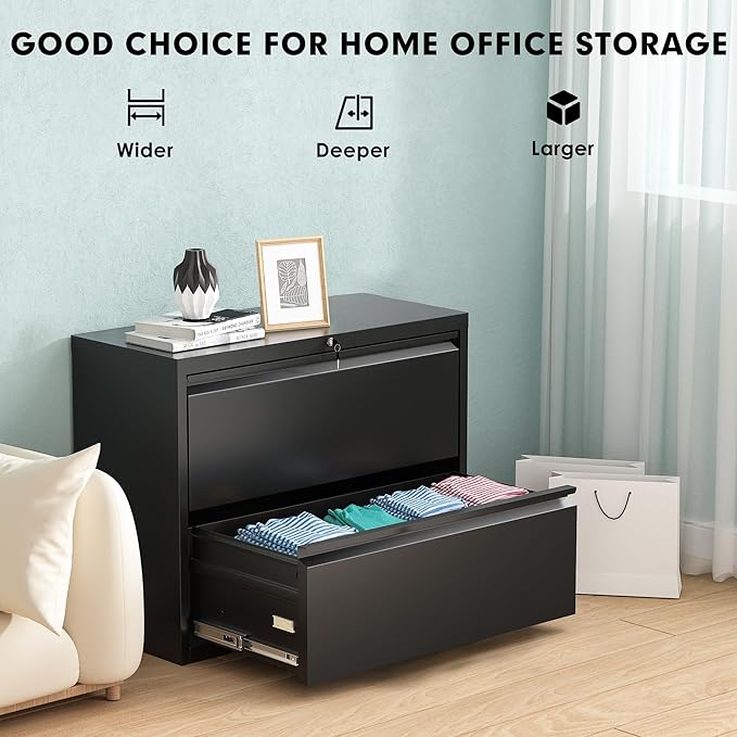 Pataku Lateral File Cabinet, 2 Drawer File Cabinet with Lock, Black Filing Cabinets for Home Office, Metal File Cabinet for Hanging Files/Letters/Legal/F4/A4(2Drawer/Black)