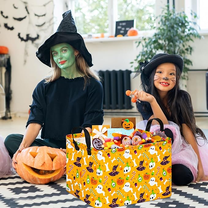 FUULOXE Halloween Empty Storage Basket with Handles Open Gifts&Candy Spooky Basket stuffers for Kids Baby Collapsible Women Organizer Bins Toys Boxes for Shelves Home Office