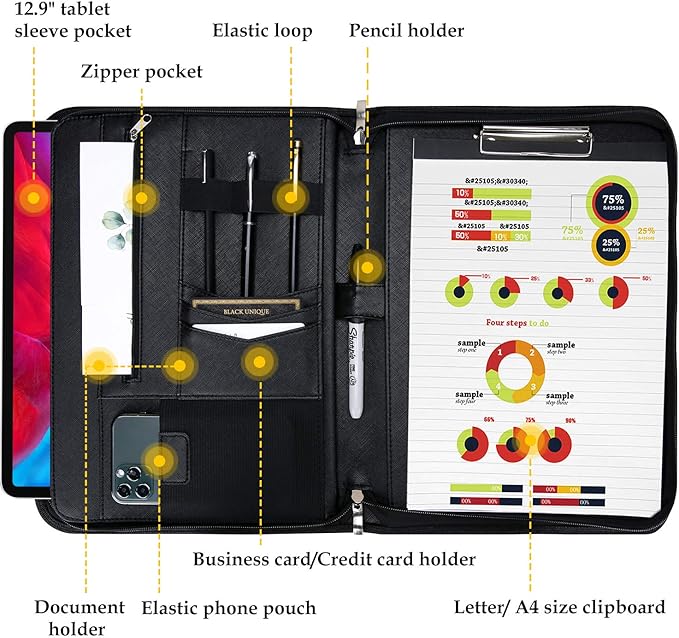 ProCase Portfolio Business Padfolio Folder with Handle and Zipper, Conference Meeting Executive File Legal Document Organizer with Pockets Letter Size A4 Writing Pad Notepad Padfolio -Allblack