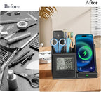 TopMade Wireless Charger with Pen Holder, Leather Desk Nightstand Organizer Home Office Supplies Pencil Holder Fast Charging Station, Digital Thermometer and Humidity Gauge Gifts for Men(Black)