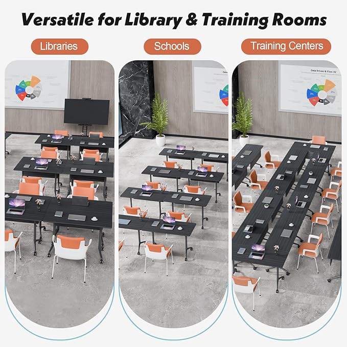 Goakwwuz Conference Room Table, Folding Conference Tables,Thicken Grey Tabletop,Flip Top Wooden Seminar Meeting Room Table for Conference Room Offices (4, BlackWoodGrain, 61.0“)