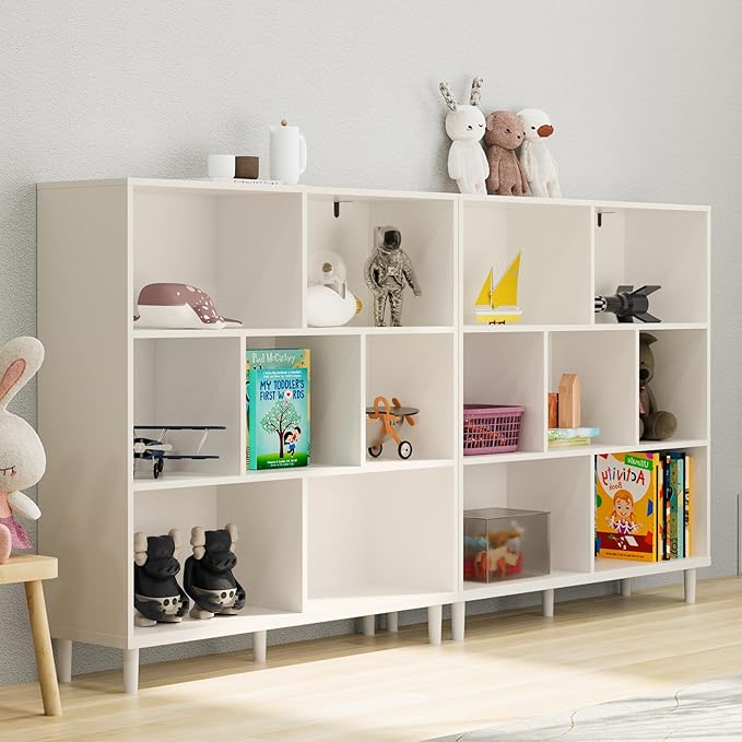 Chyanmoo Wood Cube Storage Organizer White Bookshelf - 3-Tier Freestanding Storage Cabinet with Legs for Home Office, 7-Cubes Open Shelf