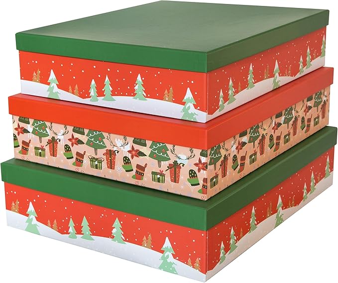 Soul & Lane Christmas Decorative Cardboard Storage Boxes, Set of 3 Nesting Festive Paperboard Gift Boxes with Lids for Presents, Seasonal Storage, Holiday Decor (Red and Green)