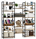 NUMENN Triple Wide 6 Tier Bookshelf, Adjustable Rustic Industrial Style Book Shelves, Modern Bookcases and Bookshelves Furniture for Bedroom, Living Room and Home Office, Vintage Brown
