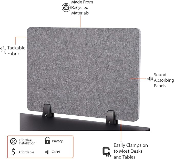 ReFocus™ Raw Clamp-On Acoustic Desk Divider – Reduce Noise and Visual Distractions with This Lightweight Desk Mounted Privacy Panel (Castle Gray, 47.25" x 16", 23.6" x 16", & 23.6" x 16")