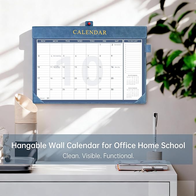 Yoment Desk Calendar 2026, Jan 2026-Dec 2027, 2026 Desk Calendar Large 17 x 12, 2026 Calendar with Plastic Cover, To-Do Lists, Leather Desktop Wall Calendar 2026-2027 for Office School Home, Blue