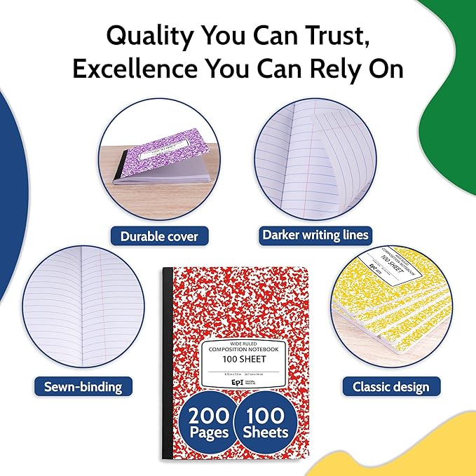 EPI 48 Pack Wide Ruled Composition Notebook Assorted Marble Colors - 200 Pages (100 Sheets), 9-3/4 x 7-½ - Classroom Back to School Supplies, Heavy Duty, Durable Hardcover Office Notebooks, Sewn