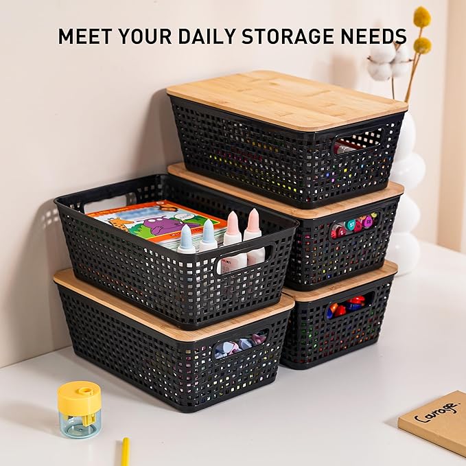 Anywish Storage Bins with Lids 8 Packs, Plastic Storage Bins with Bamboo Lids for Pantry Organization and Storage Containers for Shelves Drawers Desktop Closet Playroom Classroom Office Home, Black