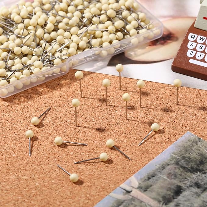 WILLBOND 500 Pack Map Push Pins Map Tacks Small Round Head Push Pins Thumb Tacks for Travel Picture Photo Bulletin Board Wall DIY Craft School Office Home(Beige,1/6 Inch)