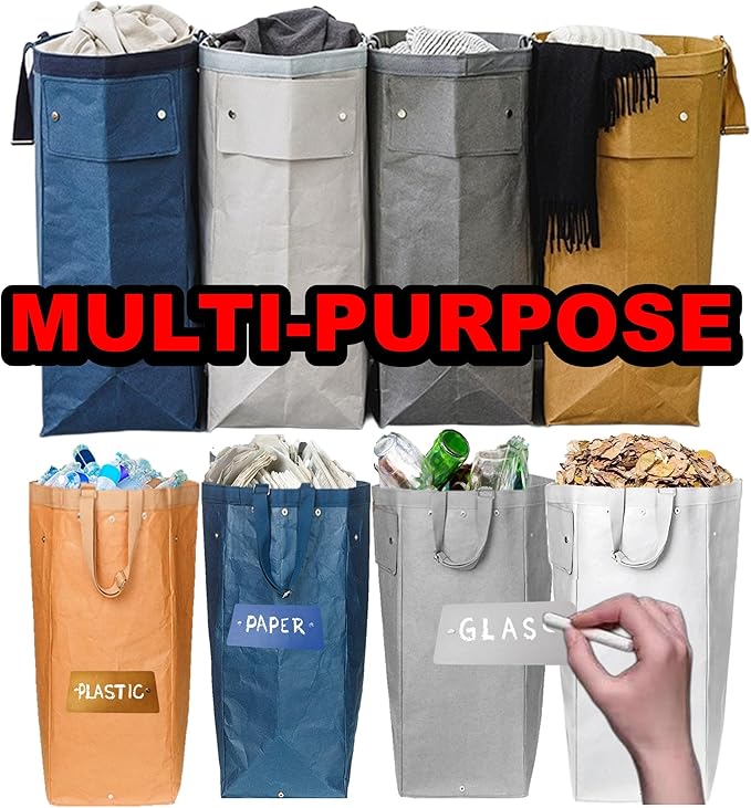 QUALIALL Kitchen Recycling Bin, Large Washable Paper Bags - Sturdy, Foldable, Space-Saving - Multipurpose Trash Can for Kitchen, Garden, and Indoor Use, 4 Colors, 4 Packs/Set