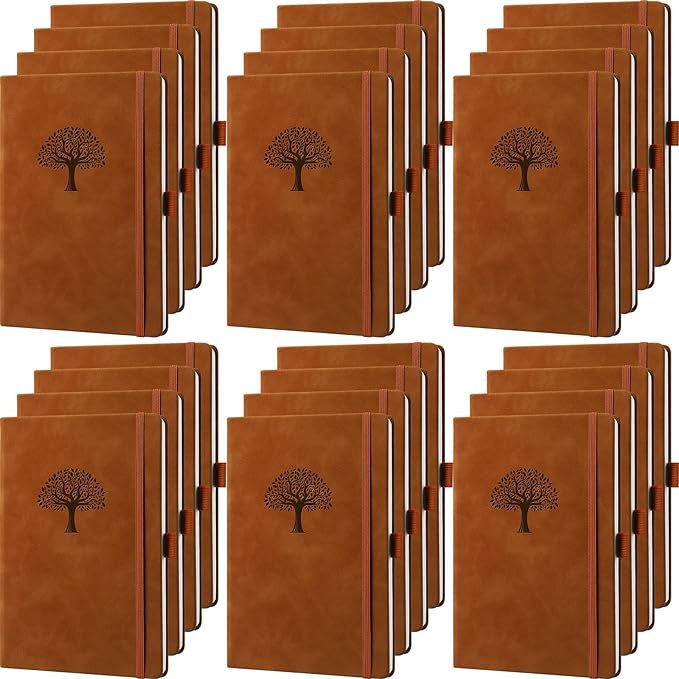 Qeeenar 24 Pack Leather Notebook Journals Bulk 5.7" x 8.3" Harder Cover A5 Journals for Writing Men Women Leather Travel Notebooks Daily Gifts for Office School (Brown)