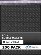 Black 10x13 Inch Poly Bubble Mailers |Self Seal Padded Envelopes for Thick books | Air Cushioned Bubble Mailer | Usable Size 9.5x13 Inch | Waterproof Lightweight Mailing Shipping Bags | 200 Pack Bulk