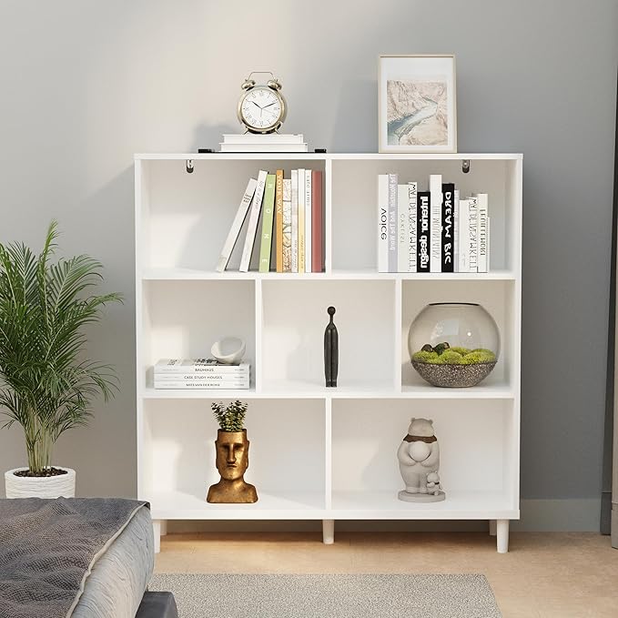 Chyanmoo Wood Cube Storage Organizer White Bookshelf - 3-Tier Freestanding Storage Cabinet with Legs for Home Office, 7-Cubes Open Shelf