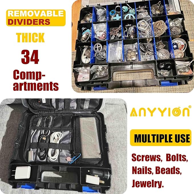 Anyyion Small Parts Organizer, 34-Compartments Double Side parts organizer with Removable Dividers for Hardware, Screws, Bolts, Nails, Beads, Jewelry. (1, Blue)