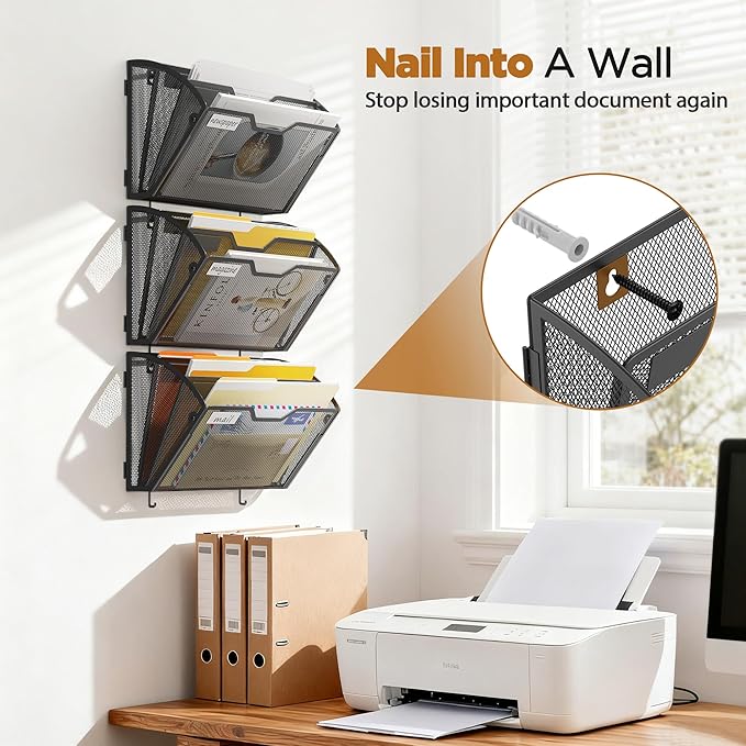 Docnest 3 Tier Mesh Wall File Holders with Hooks – 3 Pack Hanging Letter Holder - Document Organizer for Mail, Paper, Office, Home, School – Space-Saving Wall Mounted Folder Holder – Black
